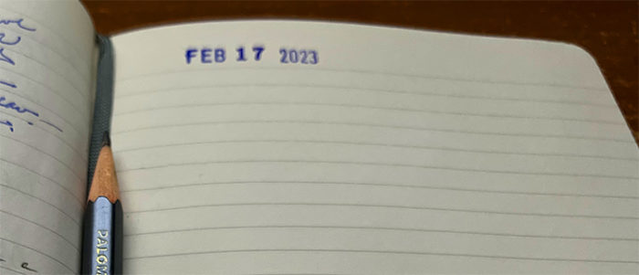 Date stamp of February 17 2023 at top of notebook page